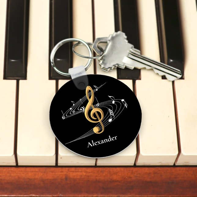 Black Gold Music Notes Monogram Name Key Ring (Creator Uploaded)
