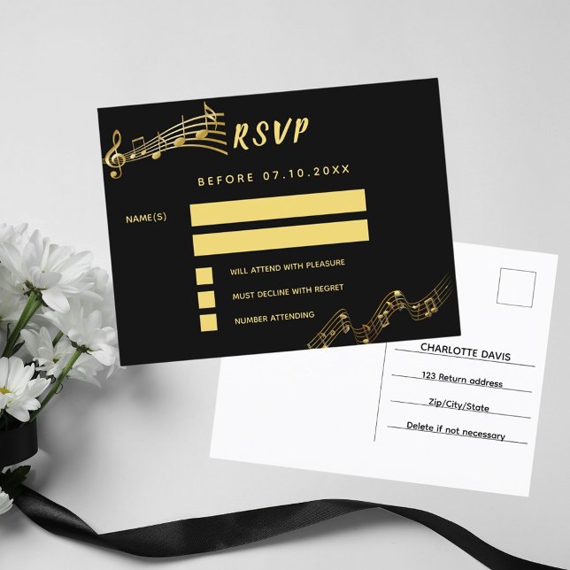 Black gold music notes return address RSVP card (Creator Uploaded)