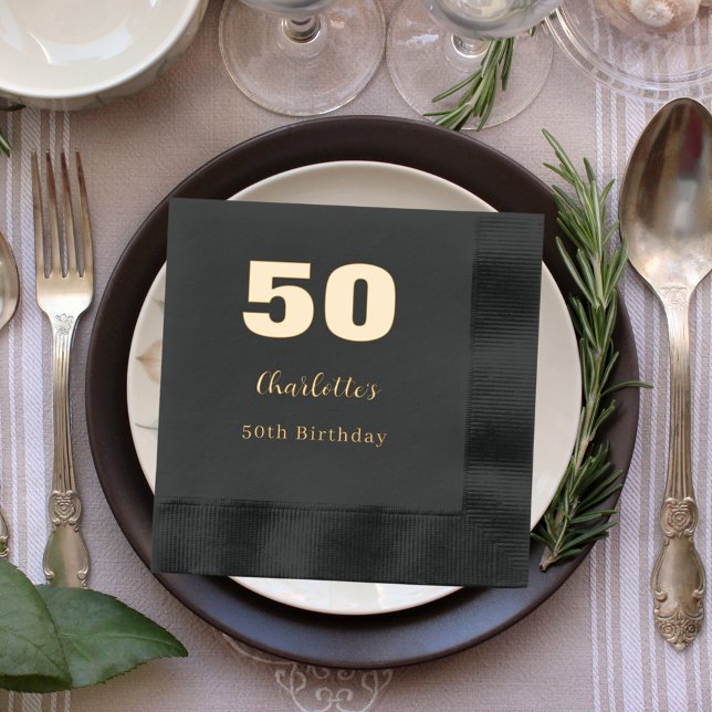 Black gold name elegant birthday party foil napkins (Creator Uploaded)