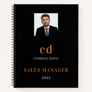 Black gold name initials photo business notebook