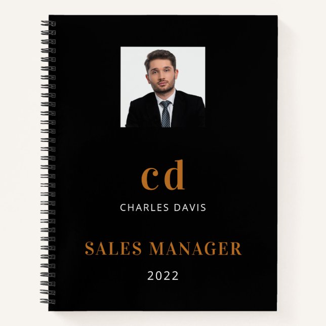 Black gold name initials photo business notebook (Front)