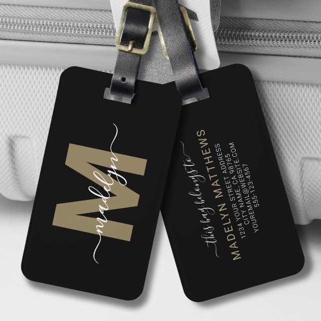 Black Gold Name Monogram Luggage Tag (Stylish Elegant Black Gold Script Name Monogram Luggage Tag)