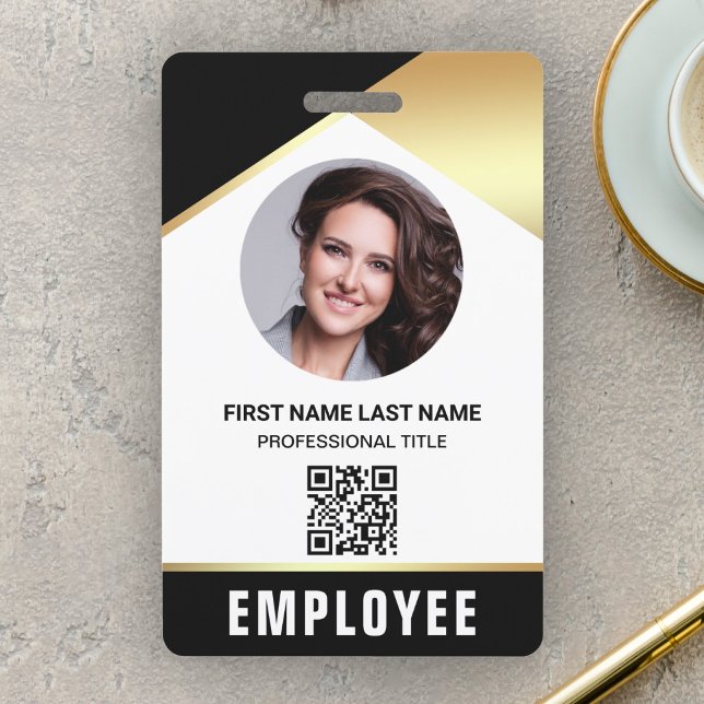 Black Gold Name Photo QR Code Employee ID Card Badge (Creator Uploaded)