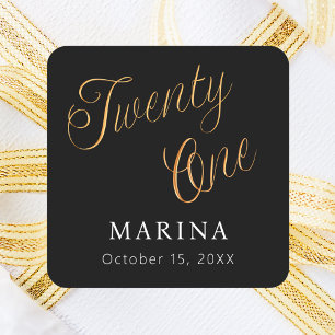 Black gold name script 21st birthday square sticker