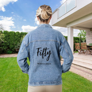 Black gold name script 50th birthday denim jacket