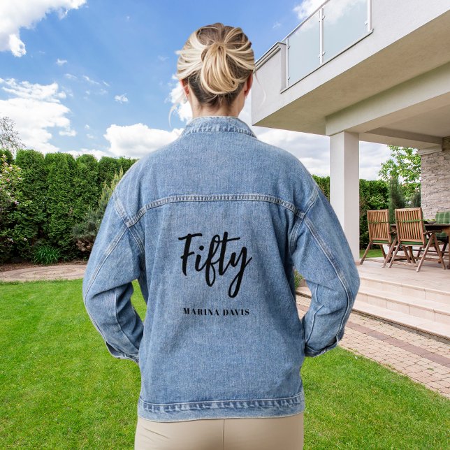 Black gold name script 50th birthday denim jacket (Creator Uploaded)