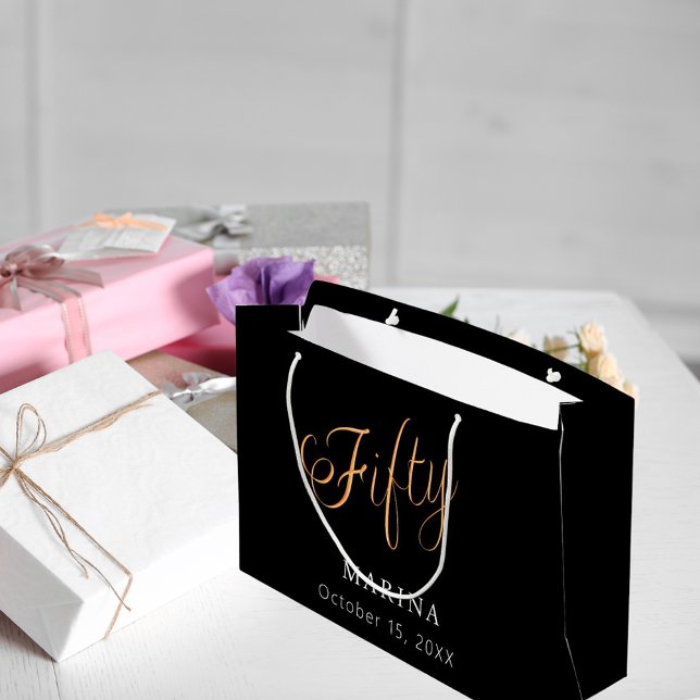 Black gold name script 50th birthday large gift bag (Creator Uploaded)