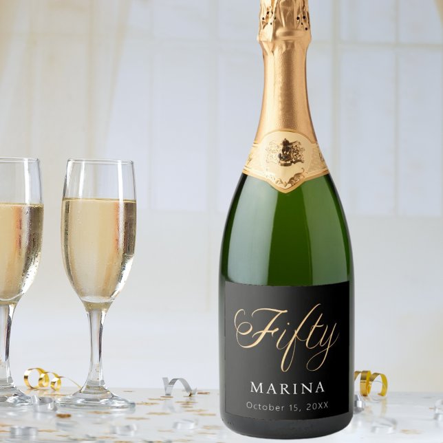 Black gold name script 50th birthday sparkling wine label (Creator Uploaded)