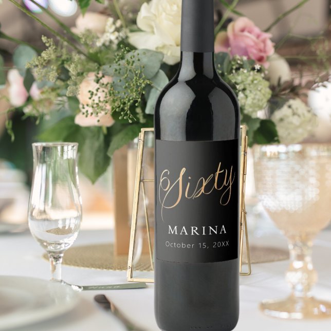 Black gold name script 60th birthday wine label (Creator Uploaded)