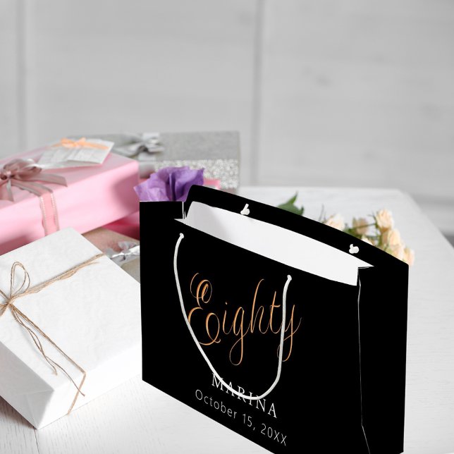 Black gold name script 80th birthday large gift bag (Creator Uploaded)