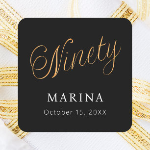 Black gold name script 90th birthday square sticker