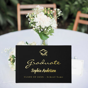 Black gold name script cap Graduation Guest Book