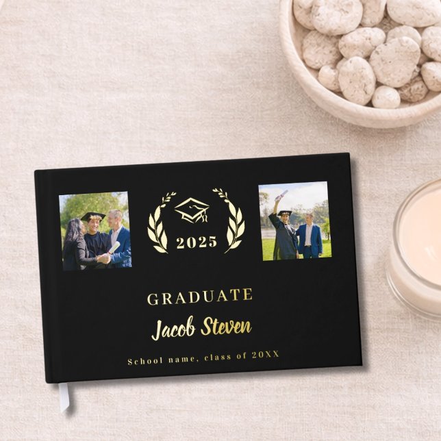 Black gold name script photo Graduation Guest Book (Creator Uploaded)