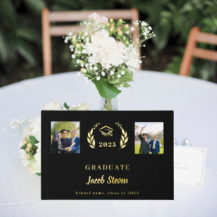 Black gold name script photo Graduation Guest Book