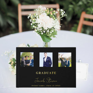 Black gold name script photo Graduation Guest Book