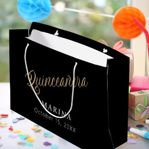 Black gold name script Quinceanera Large Gift Bag