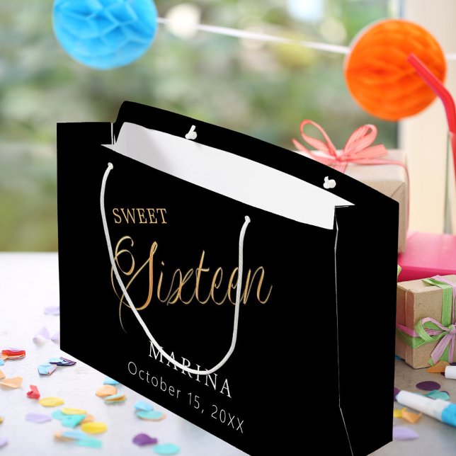 Black gold name script Sweet 16 Large Gift Bag (Creator Uploaded)