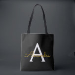 Black Gold Name White Girly Script Monogram Modern Tote Bag<br><div class="desc">Black and Gold Elegant Add Your Own Name Monogram Book Bag. This Book Bag can be customised to include your initial and first name and given as a gift for Christmas,  Sweet 16 Birthday,  Bridal Shower or a Wedding.</div>