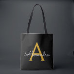 Black Gold Name White Girly Script Monogram Modern Tote Bag<br><div class="desc">Black and Gold Elegant Add Your Own Name Monogram Book Bag. This Book Bag can be customised to include your initial and first name and given as a gift for Christmas,  Sweet 16 Birthday,  Bridal Shower or a Wedding.</div>