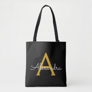 Black Gold Name White Girly Script Monogram Modern Tote Bag
