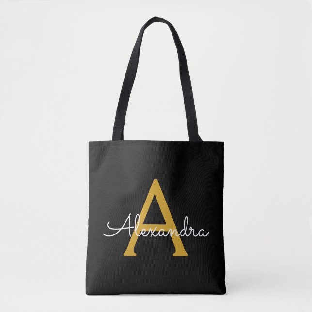 Black Gold Name White Girly Script Monogram Modern Tote Bag (Front)