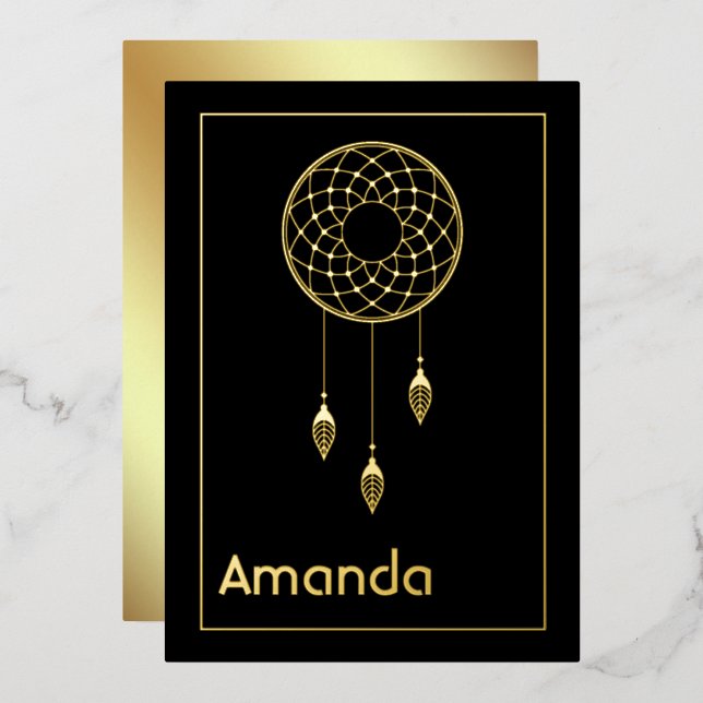 Black & Gold Native American Dreamcatcher Birthday Foil Holiday Card (Front/Back)