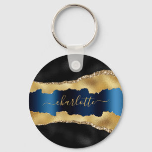 Black gold navy blue agate marble name script  key ring