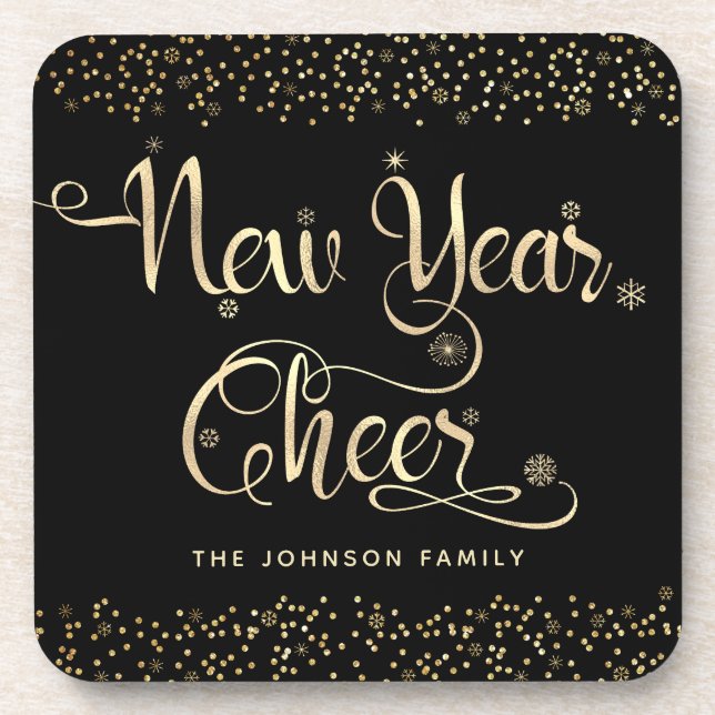 Black Gold New Year Cheer Script Snowflake Glitter Coaster (Front)