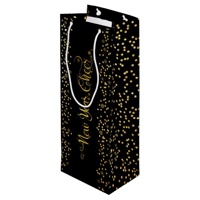 Black Gold New Year Cheer Script Snowflakes Modern Wine Gift Bag (Back Angled)
