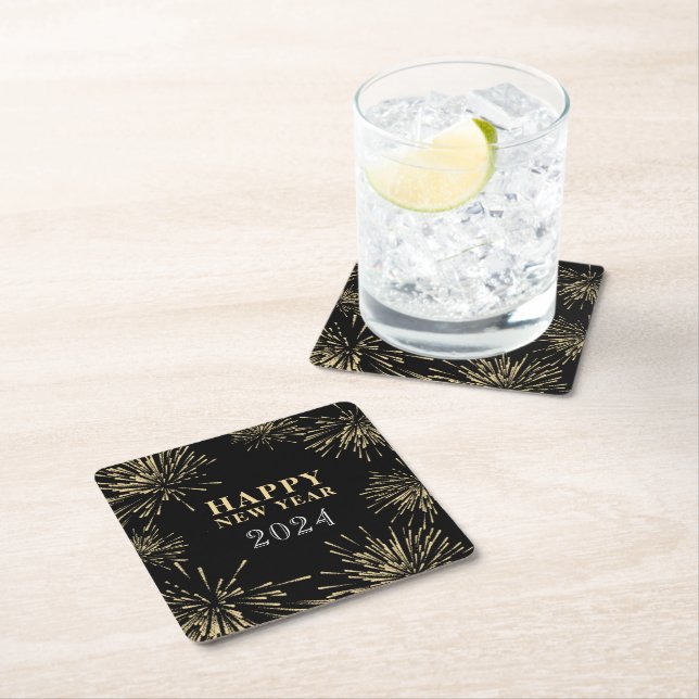 Black Gold New Year Square Paper Coaster (Insitu)