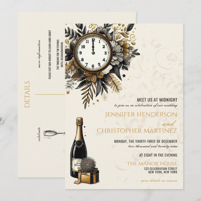 Black & Gold New Years Eve Wedding Invitation (Front/Back)