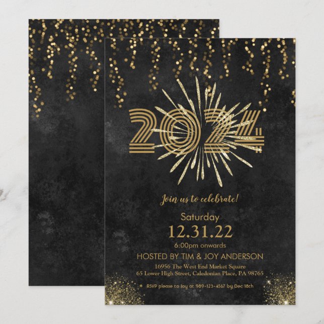 Black Gold New Years Invitation (Front/Back)