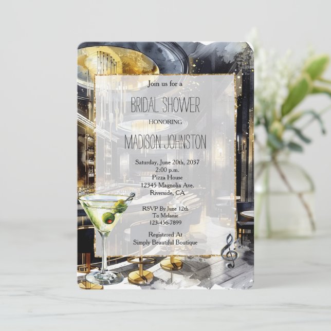 Black Gold Night Club Martini Bridal Shower Invitation (Standing Front)