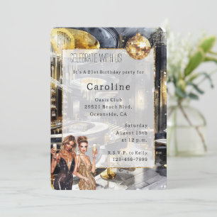 Black Gold Night Club Party Girls Disco Birthday   Invitation