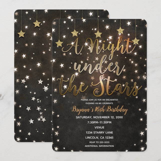 Black & Gold Night Under the Stars Sweet 16 Invitation (Front/Back)
