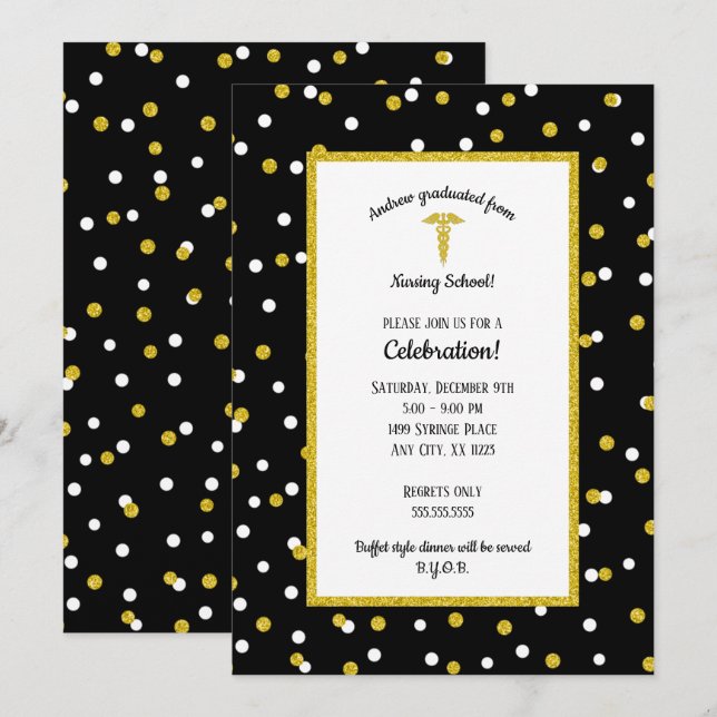Black Gold Nurse graduation party, neutral gender Invitation (Front/Back)