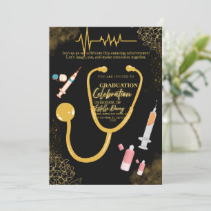 Black Gold Nursing Graduation Invitation, Nurse Gr Invitation