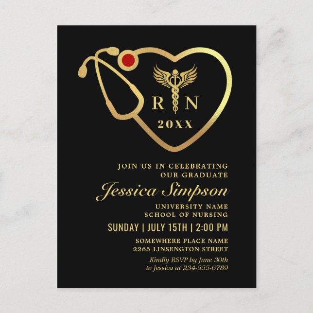 Black Gold Nursing Graduation Invitation Postcard (Front)