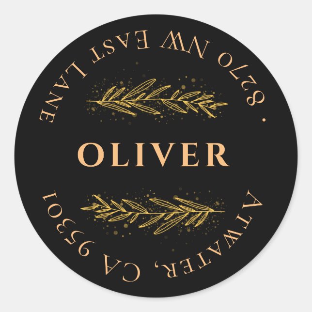 Black Gold Olive Monogram Return Address Classic Round Sticker (Front)