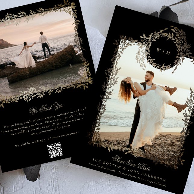 Black Gold on Ebony Botanical Photo Frame Wedding Save The Date (Creator Uploaded)