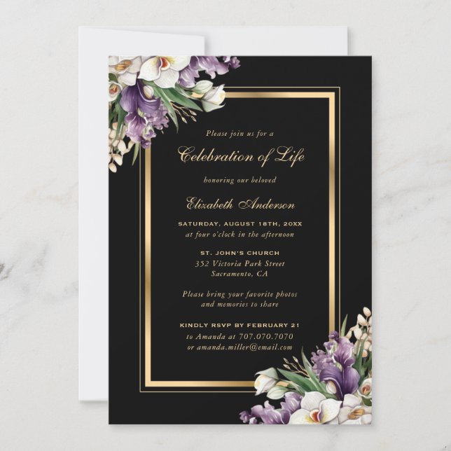 Black Gold Orchid Floral Celebration of Life Photo Invitation (Front)
