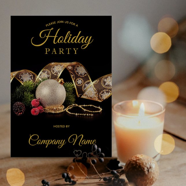 Black Gold Ornament Ribbon Corporate Holiday Party Invitation (Creator Uploaded)