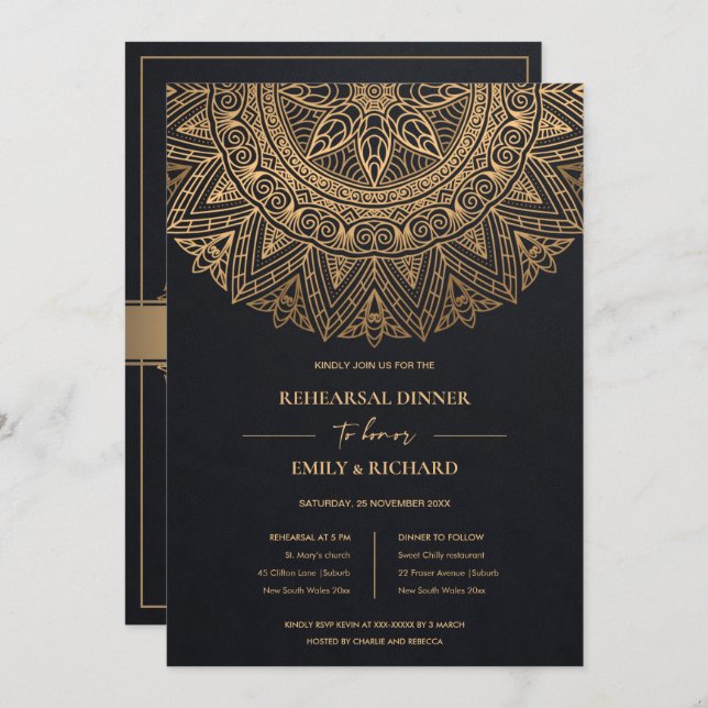 BLACK GOLD ORNATE CLASSIC MANDALA REHEARSAL DINNER INVITATION (Front/Back)