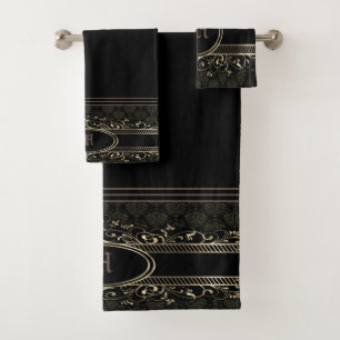 Black & Gold Ornate Gothic Monogrammed   Bath Towel Set