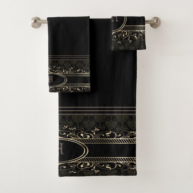 Black & Gold Ornate Gothic Monogrammed   Bath Towel Set (Insitu)