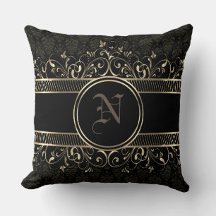 Black & Gold Ornate Gothic Monogrammed   Cushion