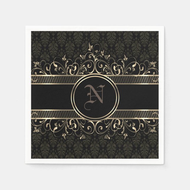 Black & Gold Ornate Gothic Monogrammed   Napkin (Front)