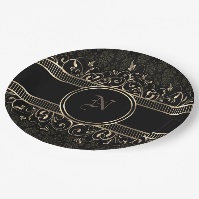 Black & Gold Ornate Gothic Monogrammed  Paper Plate (Angled)