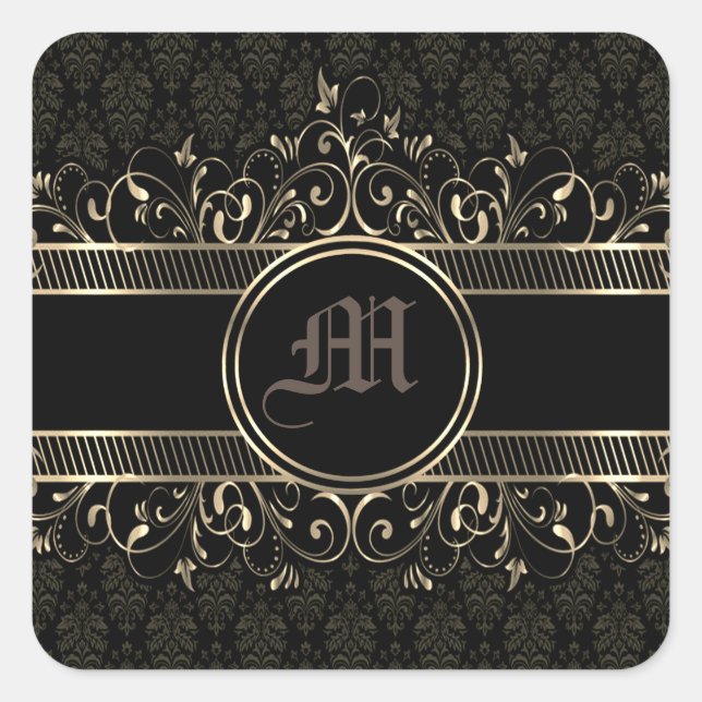 Black & Gold Ornate Gothic Monogrammed   Square Sticker (Front)