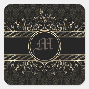 Black & Gold Ornate Gothic Monogrammed   Square Sticker